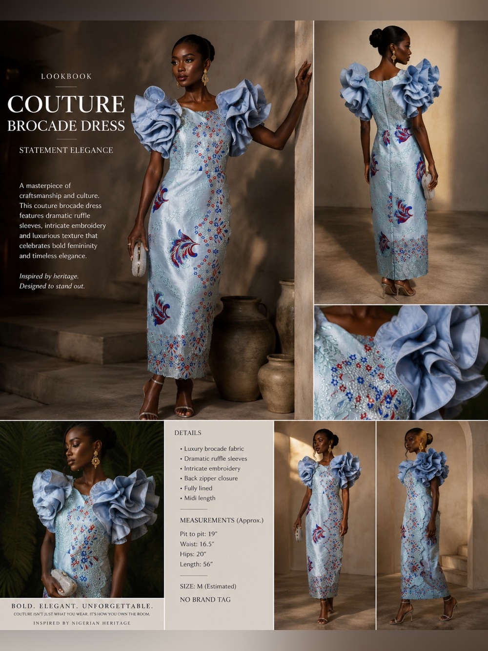 Blue Brocade Floral Embroidered Puff Sleeve Midi Dress M